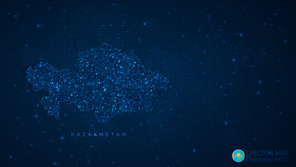 Fototapeta na wymiar Map of Kazakhstan modern design with polygonal shapes on dark blue background. Business wireframe mesh spheres from flying debris. Blue structure style vector illustration concept