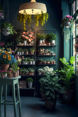 Florist shop interior, vertical. Generative AI