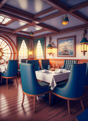 Nautical themed seafood restaurant interior, vertical. Generative AI