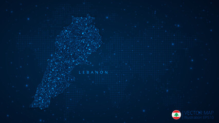 Fototapeta na wymiar Map of Lebanon modern design with polygonal shapes on dark blue background. Business wireframe mesh spheres from flying debris. Blue structure style vector illustration concept