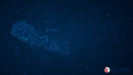 Fototapeta na wymiar Map of Nepal modern design with polygonal shapes on dark blue background. Business wireframe mesh spheres from flying debris. Blue structure style vector illustration concept