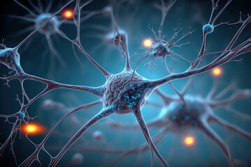 Nervenzellen 3d Illustration - Gehirnzellen und Neuronen - Synapsen Neurologie im Gehirn  - obrazy, fototapety, plakaty