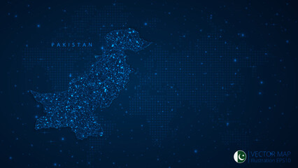 Map of Pakistan modern design with polygonal shapes on dark blue background. Business wireframe mesh spheres from flying debris. Blue structure style vector illustration concept