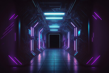 Rectangle Laser Blue Purple Glowing Sci Fi Neon Frame Concrete Reflective Floor Texture Metallic Cyberpunk Cyber Synth Tunnel Corridor Garage Warehouse in Virtual Reality Background Dark. Generative