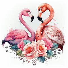 Pink Couple Flamingo with Beautiful Flower, Flamingo In Love, Valentins Day - Generated AI