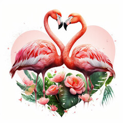 Flamingo In Love, Pink Couple Flamingo with Beautiful Flower, Valentins Day - Generated AI