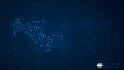 Map of Uzbekistan modern design with polygonal shapes on dark blue background. Business wireframe mesh spheres from flying debris. Blue structure style vector illustration concept