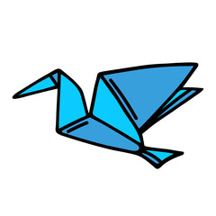 Naklejka premium Origami blue crane vector icon. Folded paper in the shape of a bird. Hand drawn simple doodle isolated on white. Traditional Japanese needlework, hobby. Cartoon clipart with outline. For cards, prints