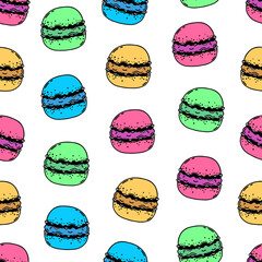 Macaron biscuit cookies made from almond flour. Delicious French dessert seamless vector pattern. Sweet round cake with cream. Background with bright tasty pastries. For wallpaper, wrapping, prints