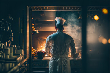 Chef cooking in a modern gourmet kitchen restaurant, Generative AI