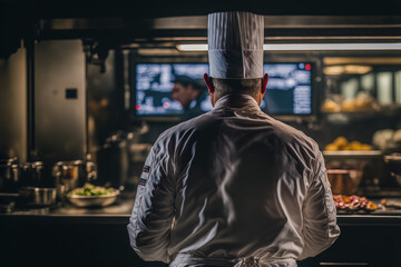 Fototapeta na wymiar Chef in a modern kitchen overlooking the food preparations, Generative AI