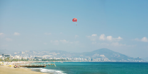 Panoramic banner of beach in Alanya, popular seaside resorts in Turkey. Summer vacation, holiday in Turkey.