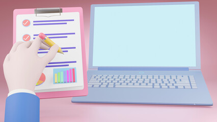 Online marketing, financial report chart, data analysis, and web development concept. Hand holding clipboard with data chart. 3d render illustration