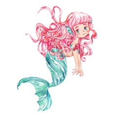 Cute Mermaid Watercolor, Mermaid Nursery Decor, Cute Mermaid illustration, Watercolor illustration, Underwater Ocean Sea Animals, Children Books, Greeting Cards, Clipart For Kids.