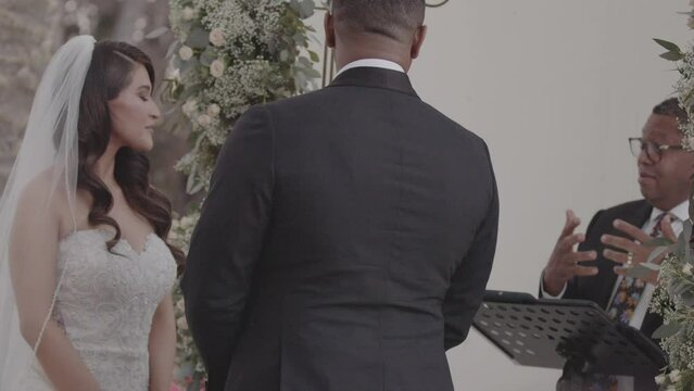 Bride and groom listening to their wedding ceremony talk. Saying "I do". Shot in 4K 60FPS for high quality slow motion. Purchase entire event raw at wholesale price email willneatheryyahoo.com.