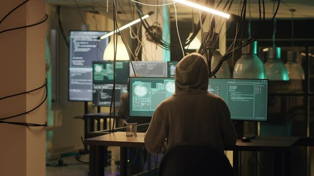 Team of hackers committing illegal harassment online, trying to steal passwords and information. Cyber criminals working on espionage and dark web to hack computer system. Tripod shot.