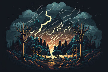 A dramatic, stormy night sky is dark and filled with lightning. Mountainous scenery at night. lightening strikes caused by thunder and lightning. illustration. Generative AI