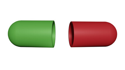 Open pill capsule. Green and red colors. 3d render illustration.