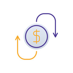 Money Flow business management icon with purple and orange duotone style. Investment, cash, sign, dollar, currency, finance, banking. Vector illustration
