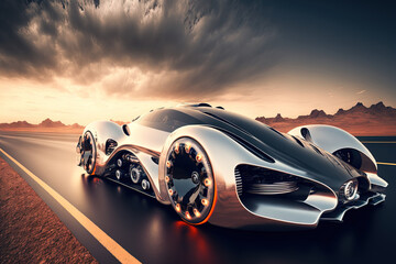 Obraz na płótnie Canvas High speed futuristic car merged with photos (car is generic and nonexistent design) – illustration,. Generative AI