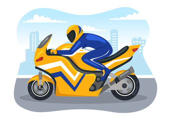 Plakat Motorcycle Racing Championship on the Racetrack Illustration with Racer Riding Motor for Landing Page in Flat Cartoon Hand Drawn Templates