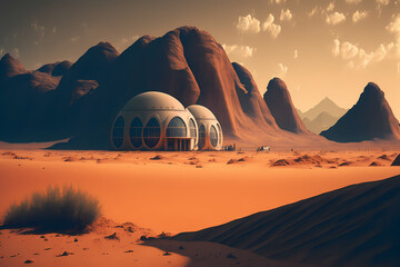 Fototapeta na wymiar Astronaut condos on mars the red planet. Landscape with desert and mountains, Colonization of Mars, digital art style, generative ai