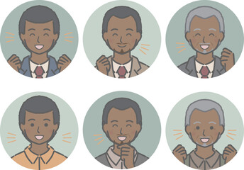 喜ぶ黒人男性の丸アイコンセット