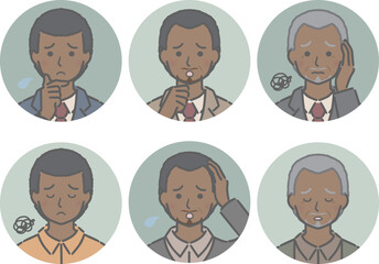 困る黒人男性の丸アイコンセット