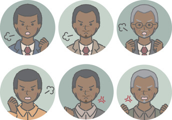 怒る黒人男性の丸アイコンセット