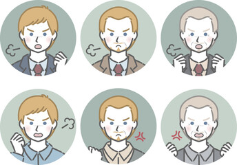 怒る白人男性の丸アイコンセット