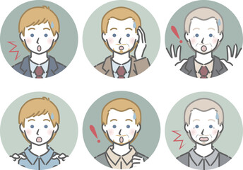 驚く白人男性の丸アイコンセット