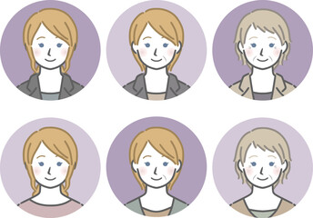 白人女性の丸アイコンセット