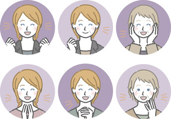 喜ぶ白人女性の丸アイコンセット