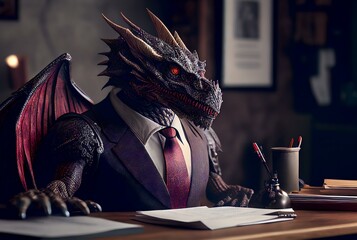 dragon wearing a suit and tie, sitting at a desk with a stack of papers and a pen in front of it (AI Generated)