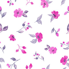 Watercolor seamless pattern with  abstract purple flowers, leaves, branches, berries. Hand drawn floral illustration isolated on white background. For packaging, wrapping design or print. Vector EPS.