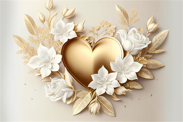lllustration generated with AI of a digital art with a gold heart and white flowers, suitable for a Valentine's Day card or wedding invitation - Generative AI illustration