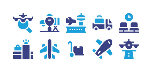 Airport icon set. Duotone color. Vector illustration. Containing aviation, boarding, airport, luggage, waiting room, checkpoint, aeroplane, luggage cart, airplane, landing