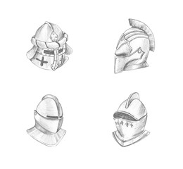 Fototapeta premium Set of knight's helmets hand drawn in pencil