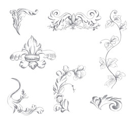 Set of vintage baroque elements drawn in pencil