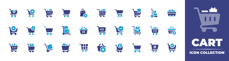 Cart icon collection. Duotone color. Vector illustration. Containing add cart, add to cart, trolley, trolley cart, no shopping cart, shopping cart, mine cart, ecommerce, push cart, cart, and more. - obrazy, fototapety, plakaty
