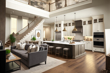 Kitchen and living room interior in new luxury home with open concept floor plan. Features large island with farmhouse sink, hardwood floors, and stairs to second story. Generative AI