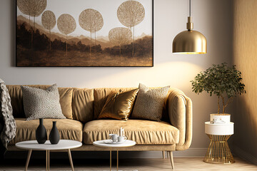Beige sofa with gold cushions in bright living room interior with industrial lamp and posters. Generative AI