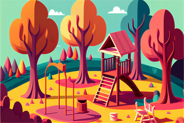 Generative AI illustration of a colorful playground for kids in nature, woods, trees, outdoor play.
