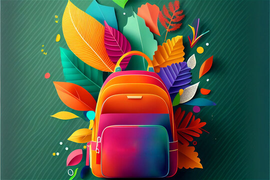 Generative AI illustration of a backpack and school tools for kids, colorful, back to school, pencils, top view, classroom materials