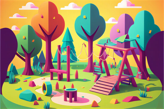 Generative AI illustration of a colorful playground for kids in nature, woods, trees, outdoor play.