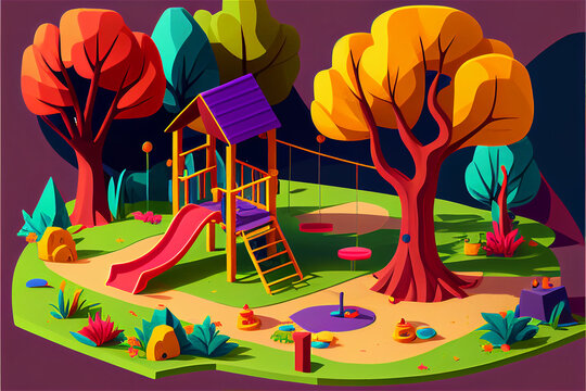 Generative AI illustration of a colorful playground for kids in nature, woods, trees, outdoor play.