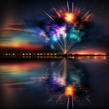 Ai generated firework display over a city riverbed. Created using ai generative. 