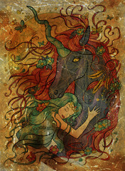 Colorful fantasy illustration with hand drawn beautiful fairy girl or princess and magic unicorn horse against old textured background, mystic card with fairy tale cartoon character