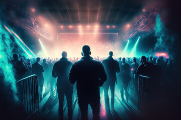 Security guards and bouncers control the environment for safety during a concert event in a nightclub. Generative AI