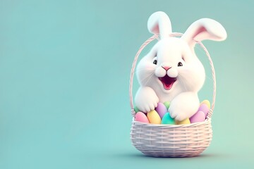 Cute bunny and painted eggs on pastel background. Rabbit in basket with colorful eggs. generative ai